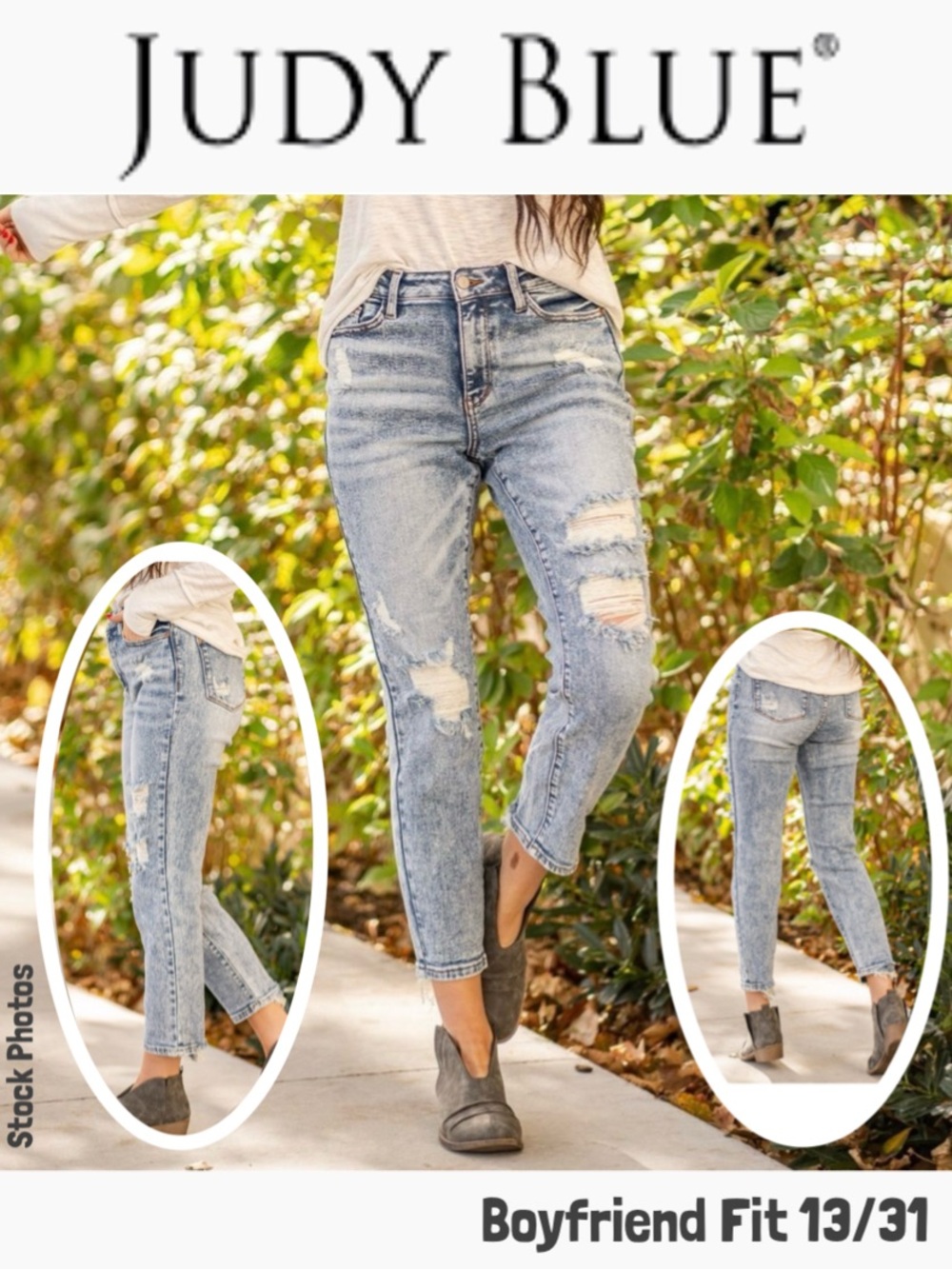 Judy Blue Acid Wash Distressed Boyfriend Jeans JB88281 Medium Indigo Wash 13/31 - Picture 1 of 17